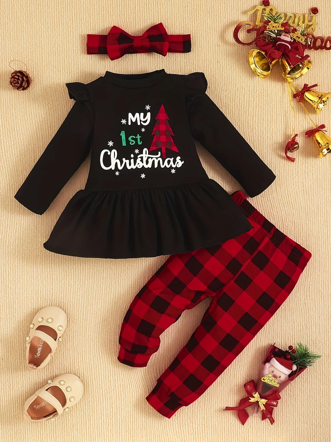 Baby Girl Christmas Outfits, Fall Winter Long Sleeve My First Christmas Letter Print Dress Top   Striped Pants 2pcs outdoor clothes Outdoor Set 3-18 Months, Outdoor Cloth