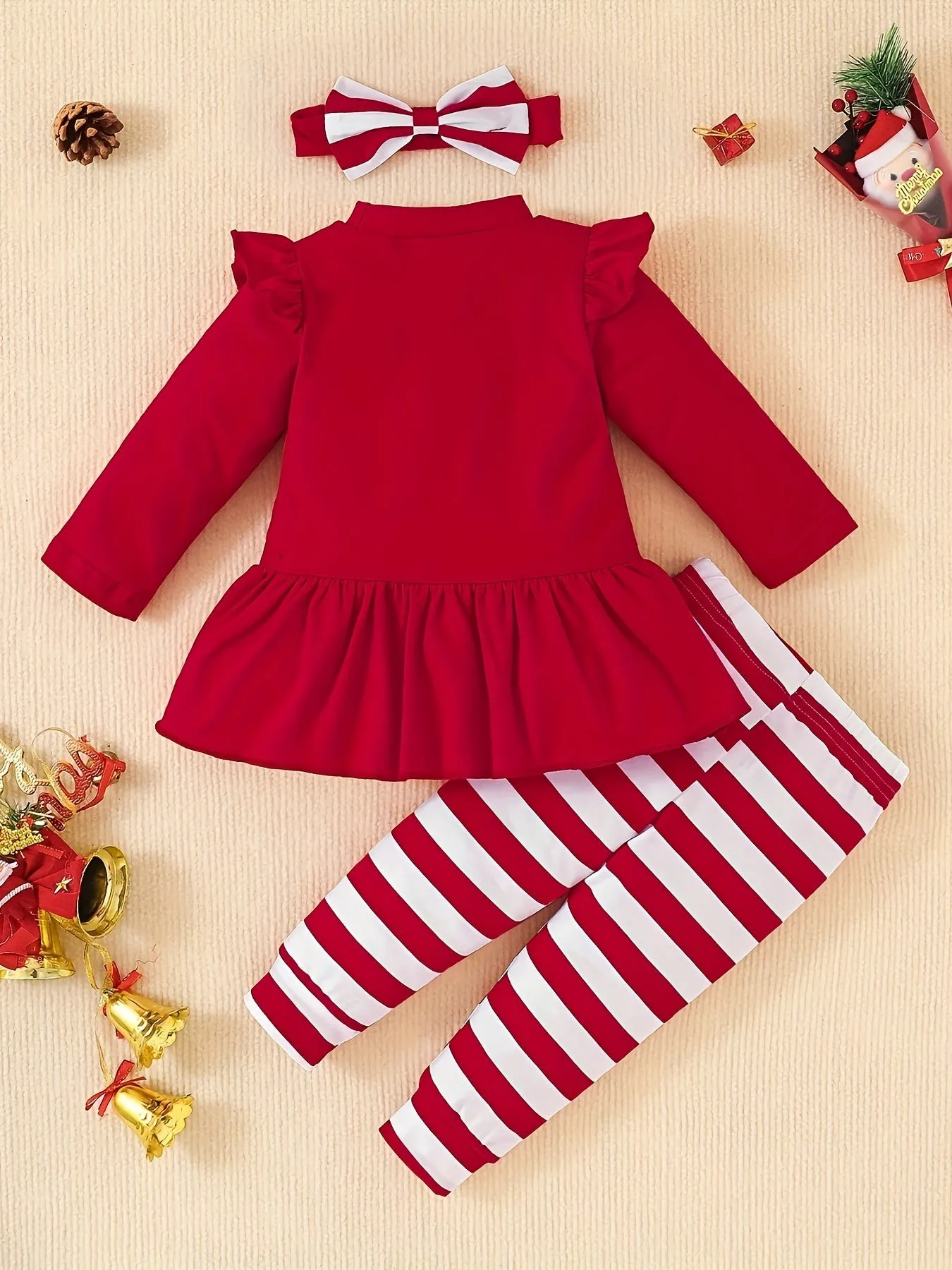 Baby Girl Christmas Outfits, Fall Winter Long Sleeve My First Christmas Letter Print Dress Top   Striped Pants 2pcs outdoor clothes Outdoor Set 3-18 Months, Outdoor Cloth