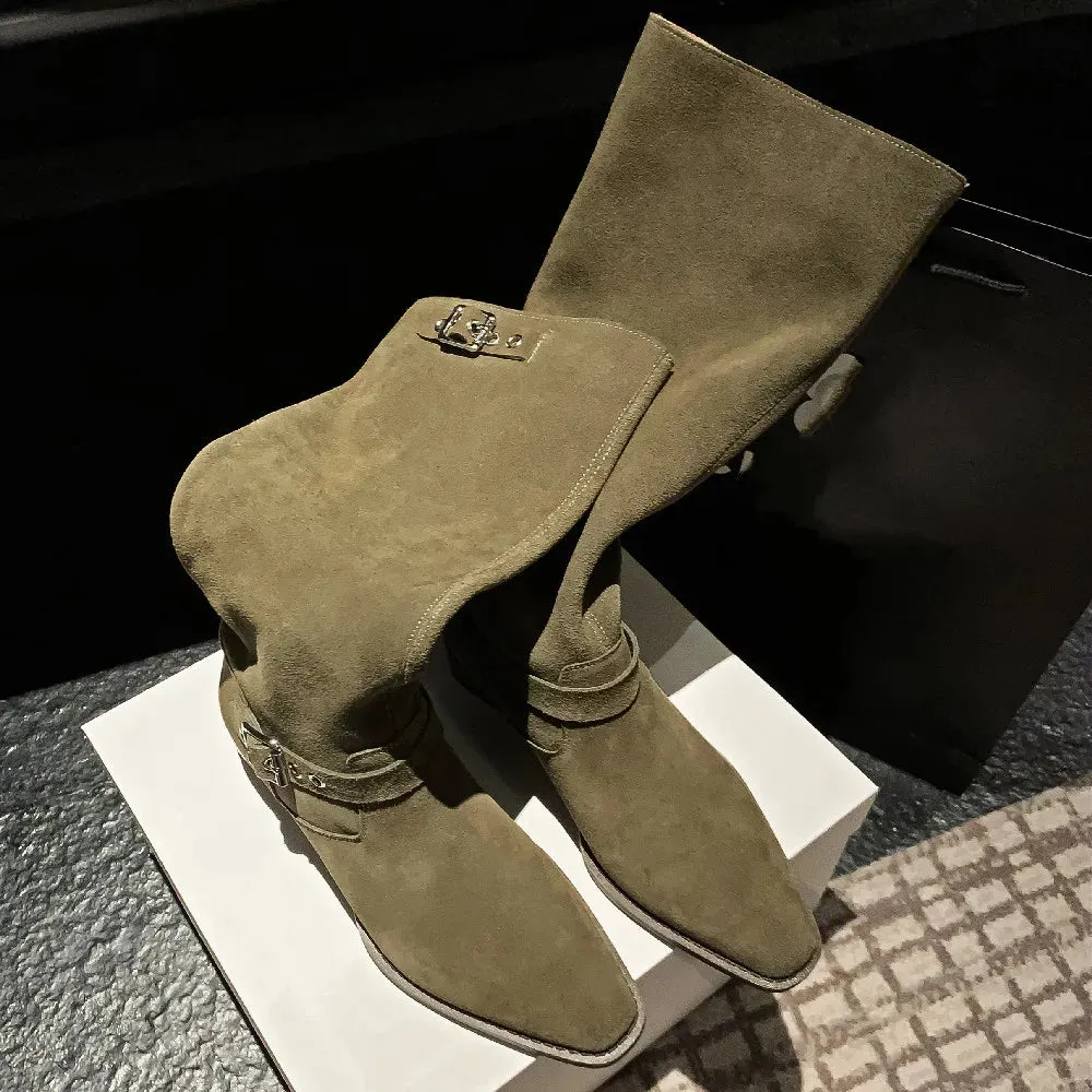 TAVIMART  -  plus size 34-42 women's natural suede leather flats autumn western boots double metal buckle casual long boots shoes